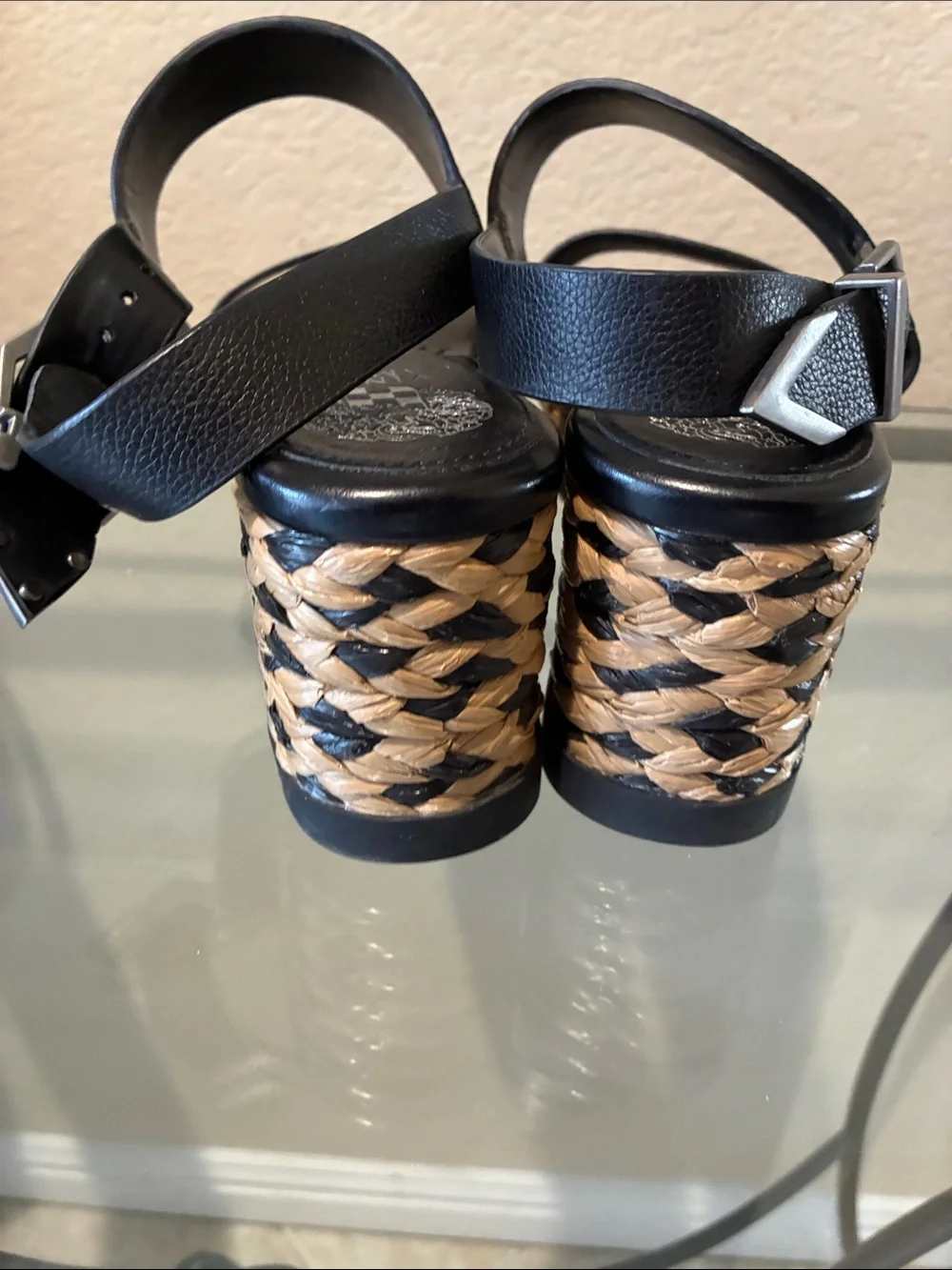 Vince Camuto Miapelle Black and Tan Woven Platform Sandals